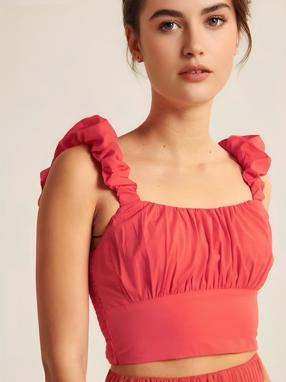 Abercrombie & Fitch Bright Coral Red Ruffle-Strap Crop Top Women’s Size Small